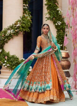 Embroidered Pakistani Bridal Dress Kalidaar Multi Colour Bridal Lehenga -LuxPak Bridal Studio Store 0019162 zerya rust kalidaar