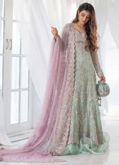 Aqua Blue Heavily Embellished Kalidaar Frock Pakistani Bridal Dress