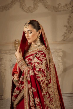 Pakistani Bridal Outfit In Red Lehenga Saree Style -LuxPak Bridal Studio Store BeautifulPakistaniBridalOutfitinRedLehengaSareeStyle