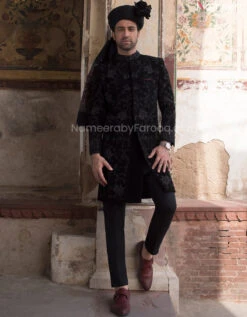 Black Sherwani In Corduroy Fabric With Turban #GN24