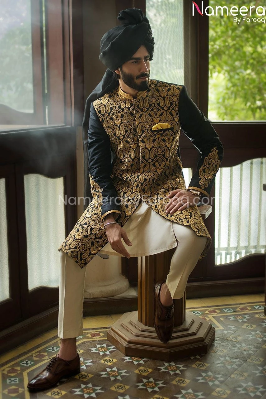 Black Sherwani For Wedding With Embroidery 2021 #GR50 4 Black Sherwani For Wedding With Embroidery 2021 #GR50 - Image 2