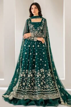 Bottle Green Luxury Pakistani Wedding Dress In Layered Pishwas Style
