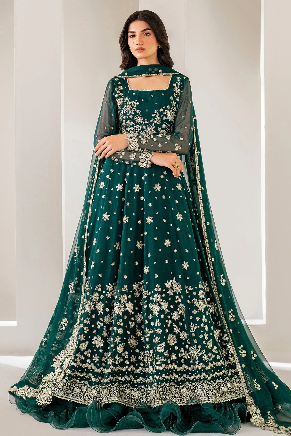 Bottle Green Luxury Pakistani Wedding Dress In Layered Pishwas Style 3 Bottle Green Luxury Pakistani Wedding Dress In Layered Pishwas Style