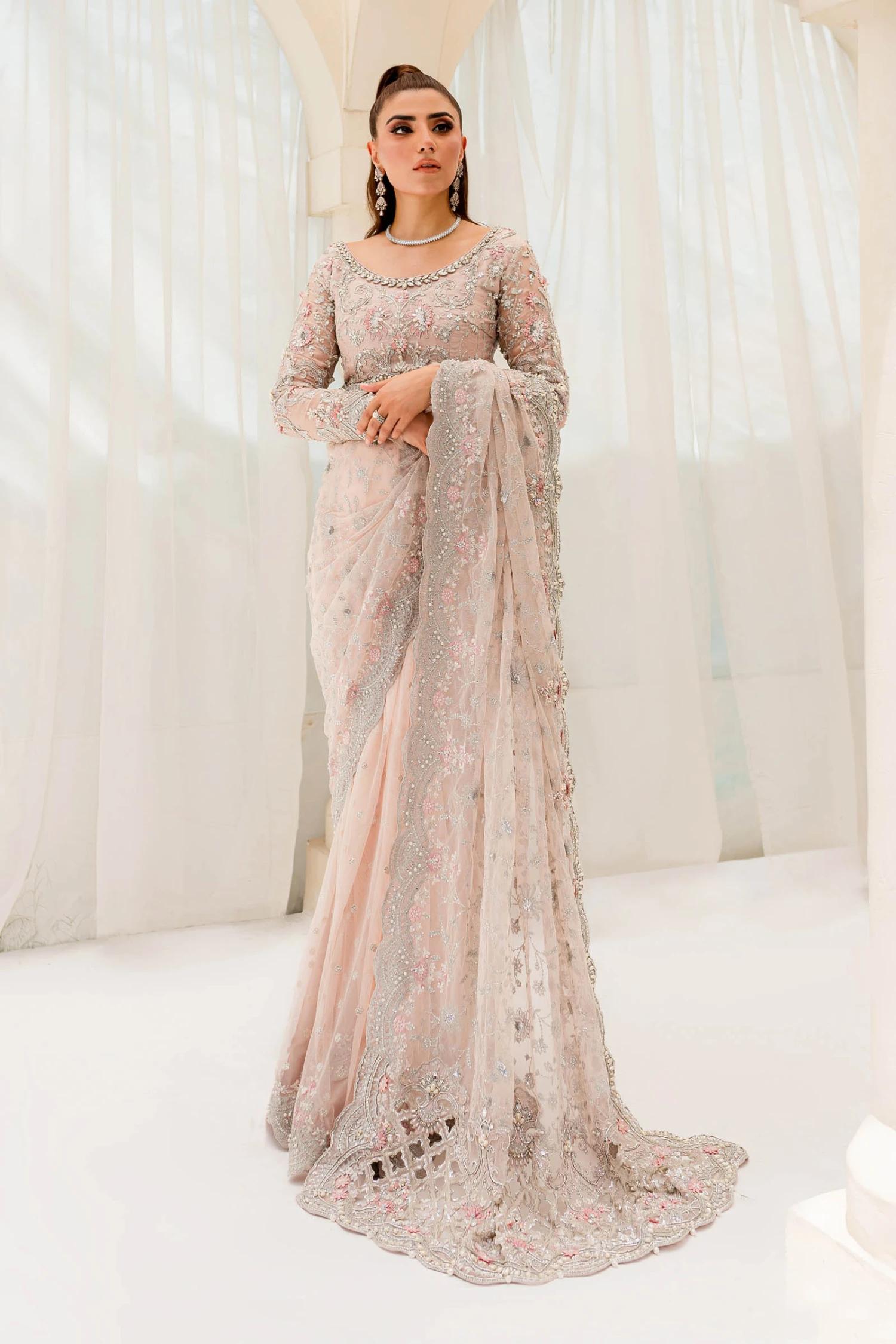 Embellished Bridal Saree Dress In Pink For Wedding 7 Embellished Bridal Saree Dress In Pink For Wedding - Image 5