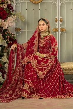 Pakistani Bridal Dress Deep Red Long Shirt With Tail Long Lehenga -LuxPak Bridal Studio Store Bridal Dress Deep Red Long Shirt With Tail Long Lehenga
