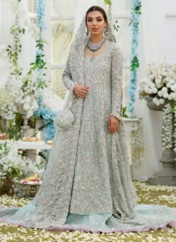 Celina Aqua Trailled Pakistani Bridal Dress Embroidered Kalidar Pishwas
