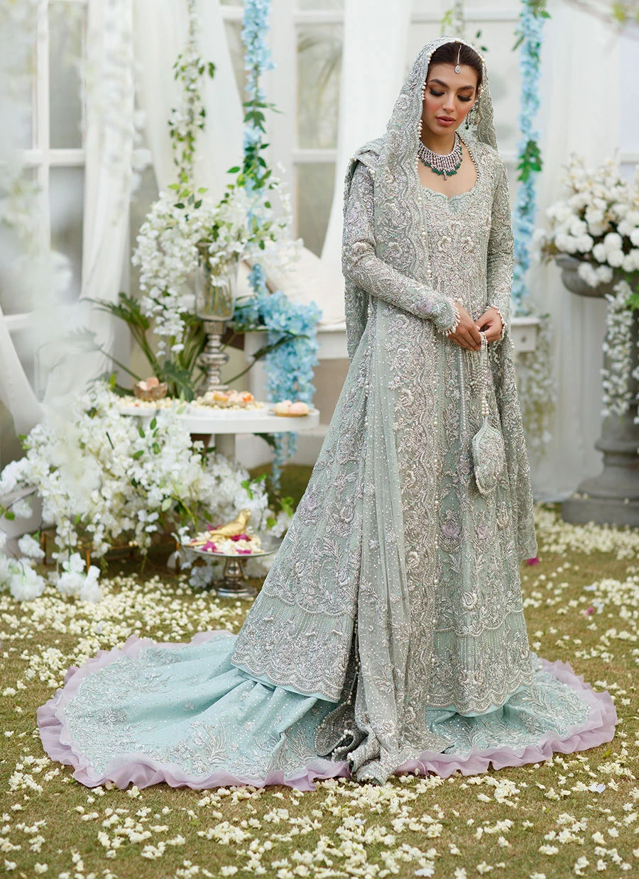 Celina Aqua Trailled Pakistani Bridal Dress Embroidered Kalidar Pishwas 6 Celina Aqua Trailled Pakistani Bridal Dress Embroidered Kalidar Pishwas - Image 4