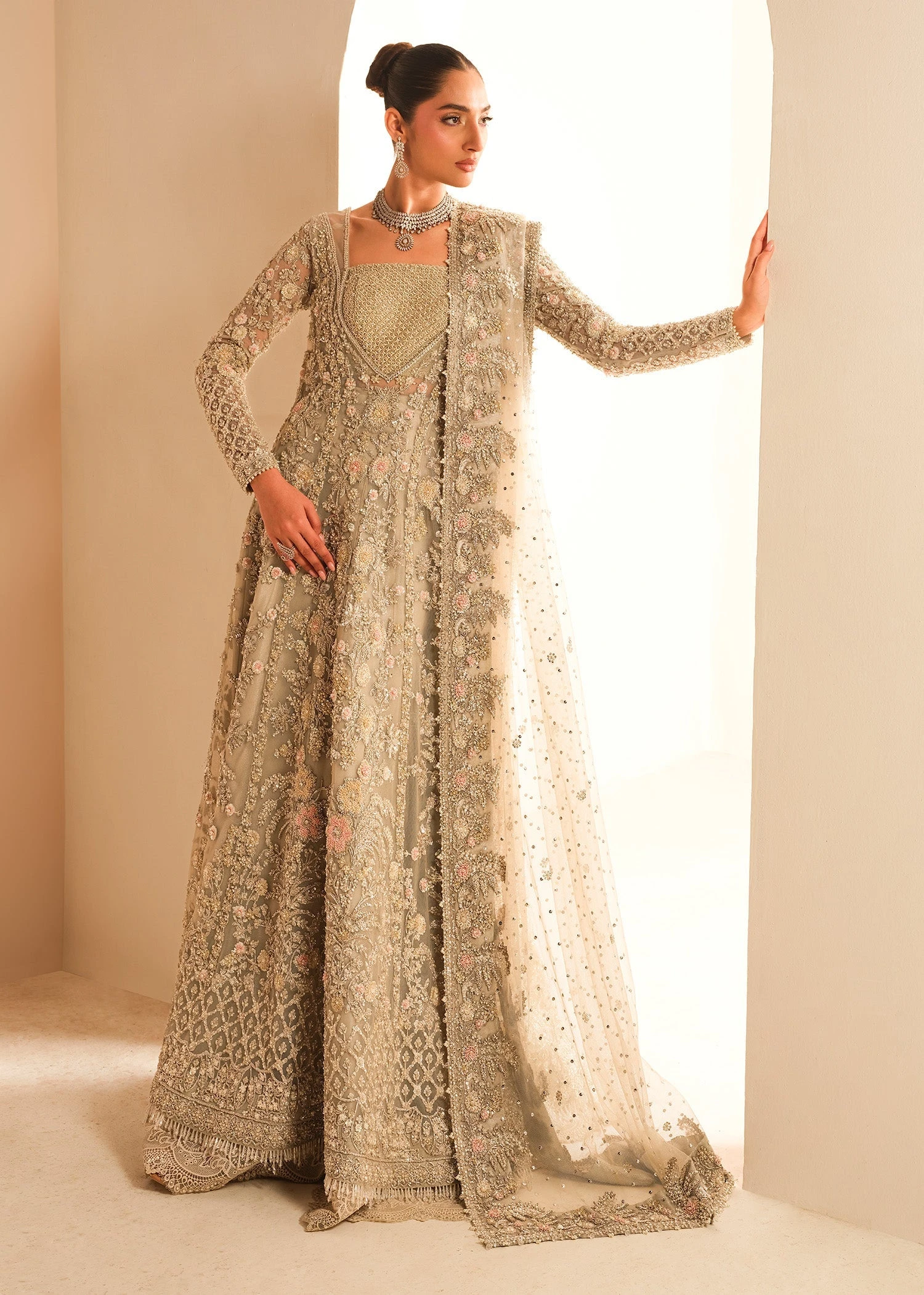 Gown Lehenga Style Silver Grey Pakistani Bridal Dress 9 Gown Lehenga Style Silver Grey Pakistani Bridal Dress - Image 7