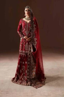Classic Deep Red Embroidered Pakistani Bridal Dress Gharara Kameez