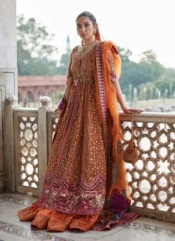 Classic Orange Pakistani Bridal Dress In Kalidar Lehenga Style