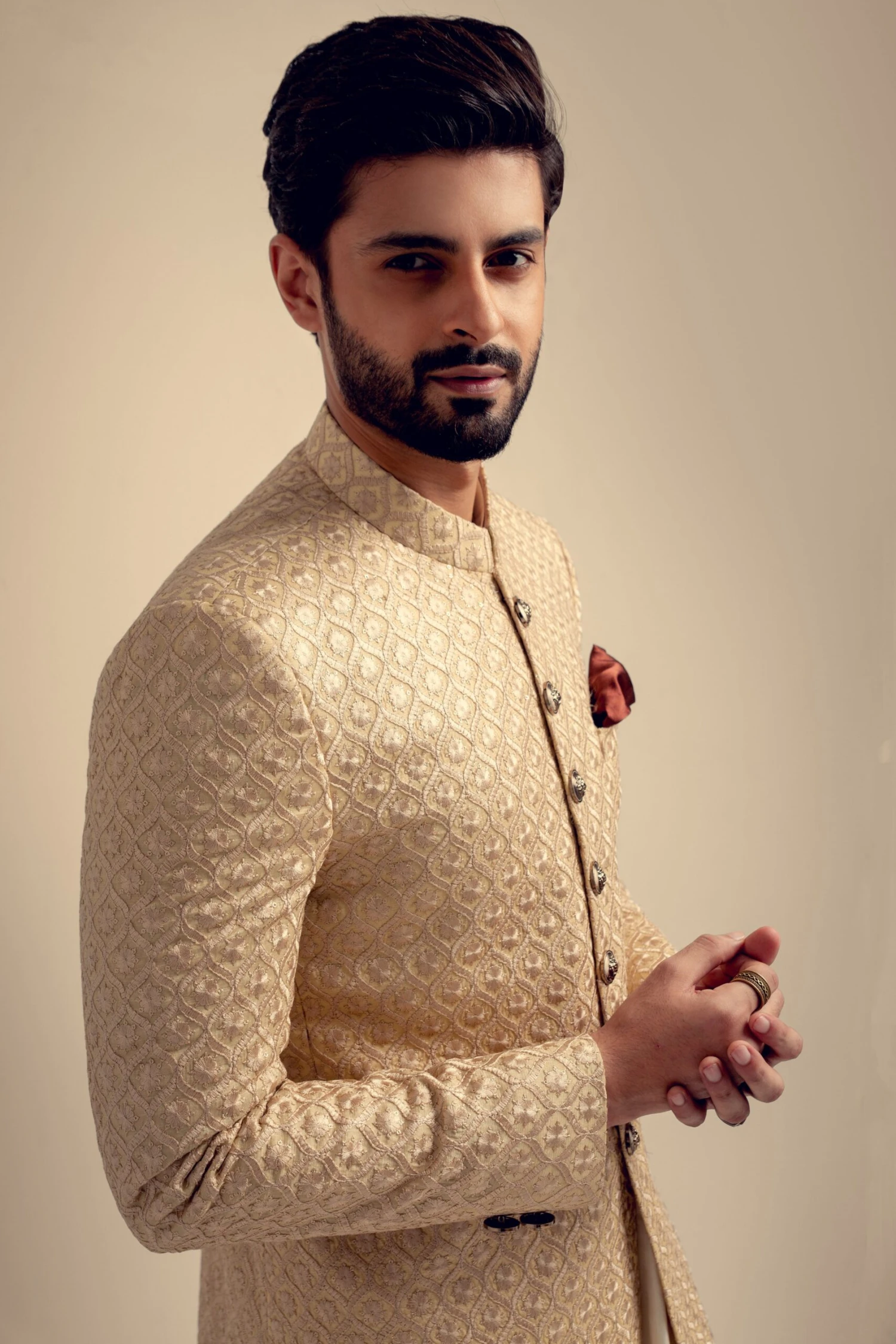 Designer Cream Sherwani For Dulha Wedding Wear #GN79 4 Designer Cream Sherwani For Dulha Wedding Wear #GN79 - Image 2