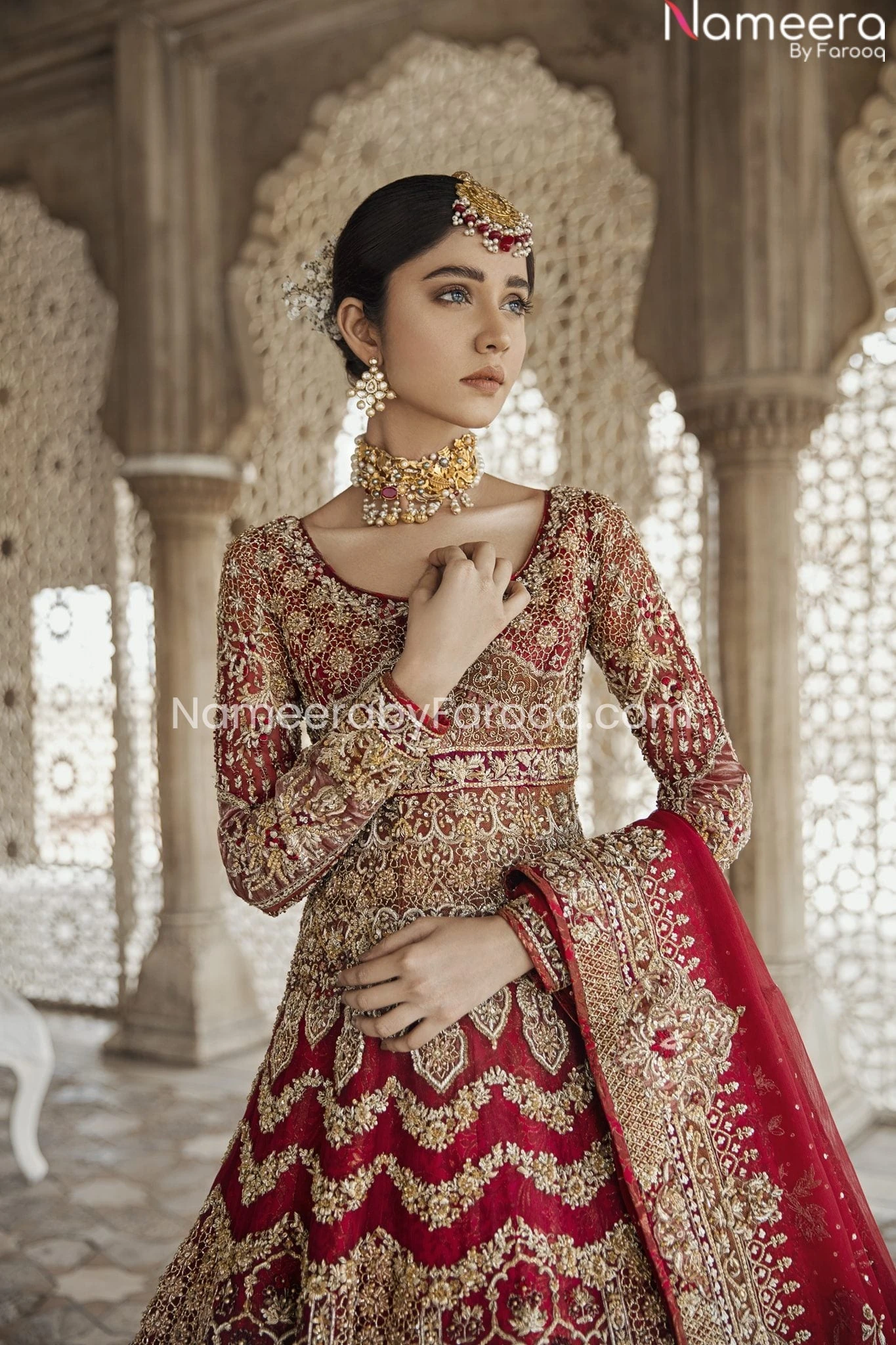Pakistani Cherry Red Bridal Lehenga Gown Dress #BN770 5 Pakistani Cherry Red Bridal Lehenga Gown Dress #BN770 - Image 3