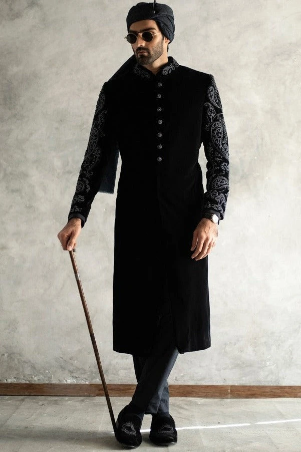 Designer Men Sherwani For Marriage In Black Color 3 Designer Men Sherwani For Marriage In Black Color
