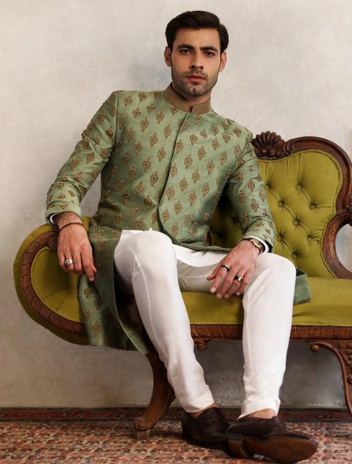 Designer Sage Green Sherwani Dress For Wedding #GN90 4 Designer Sage Green Sherwani Dress For Wedding #GN90 - Image 2