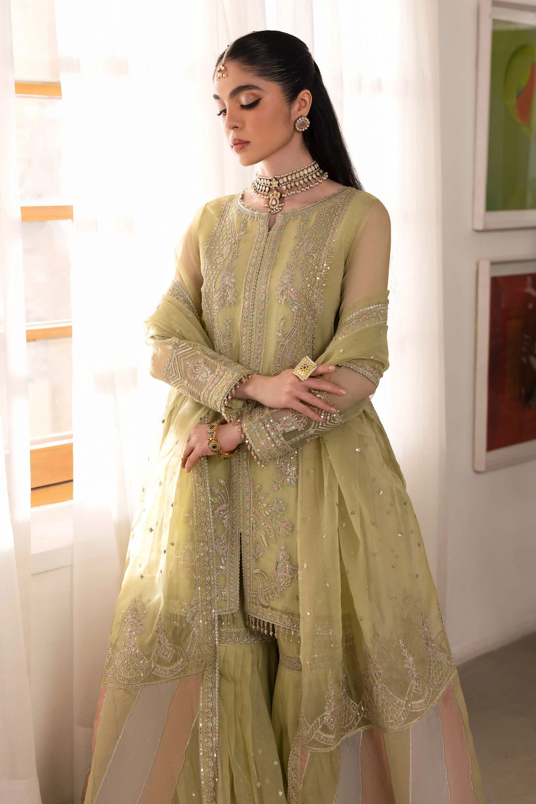 Dusty Lime Heavily Embellished Kurta Sharara Style Pakistani Wedding Dress 5 Dusty Lime Heavily Embellished Kurta Sharara Style Pakistani Wedding Dress - Image 3