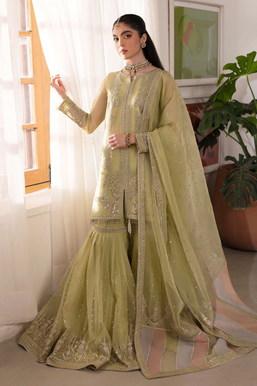 Dusty Lime Heavily Embellished Kurta Sharara Style Pakistani Wedding Dress 4 Dusty Lime Heavily Embellished Kurta Sharara Style Pakistani Wedding Dress - Image 2