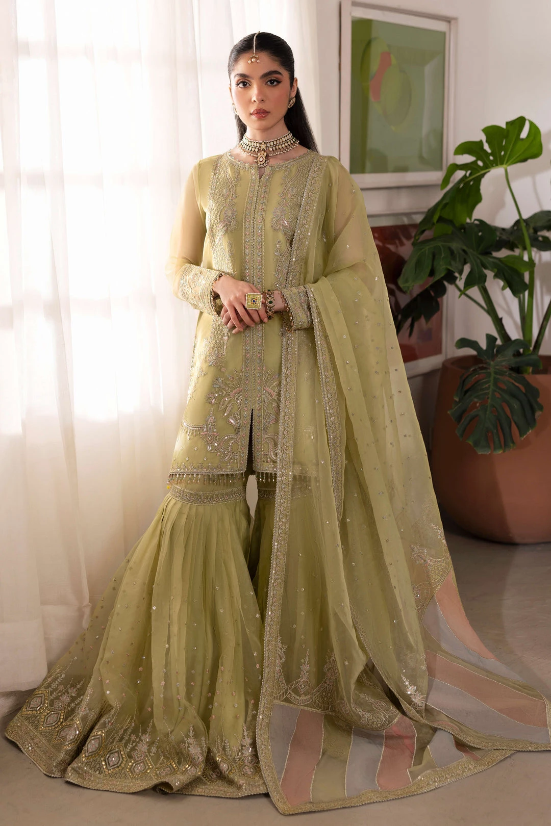 Dusty Lime Heavily Embellished Kurta Sharara Style Pakistani Wedding Dress 3 Dusty Lime Heavily Embellished Kurta Sharara Style Pakistani Wedding Dress