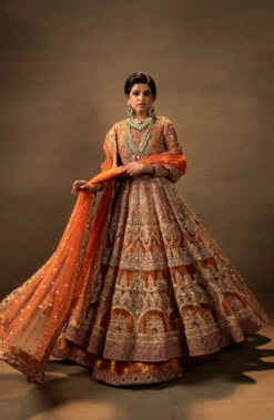 Orange Pakistani Bridal Dress In Pishwas Lehenga Style -LuxPak Bridal Studio Store ElegantOrangePakistaniBridalDressinPishwasLehengaStyle