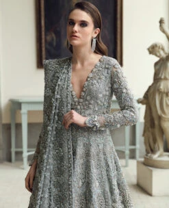 Pakistani Bridal Dress In Blue Grey Gown Dupatta Style -LuxPak Bridal Studio Store ElegantPakistaniBridalDressinBlueGreyGownDupattaStyle
