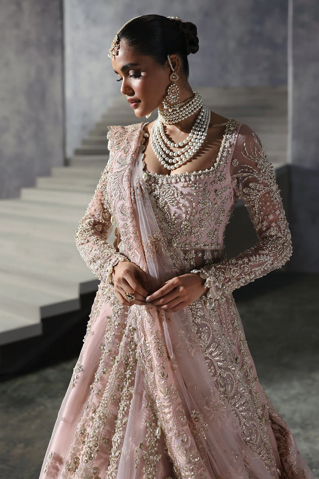 Powder Pink Pakistani Bridal Dress In Pishwas Style 4 Powder Pink Pakistani Bridal Dress In Pishwas Style - Image 2