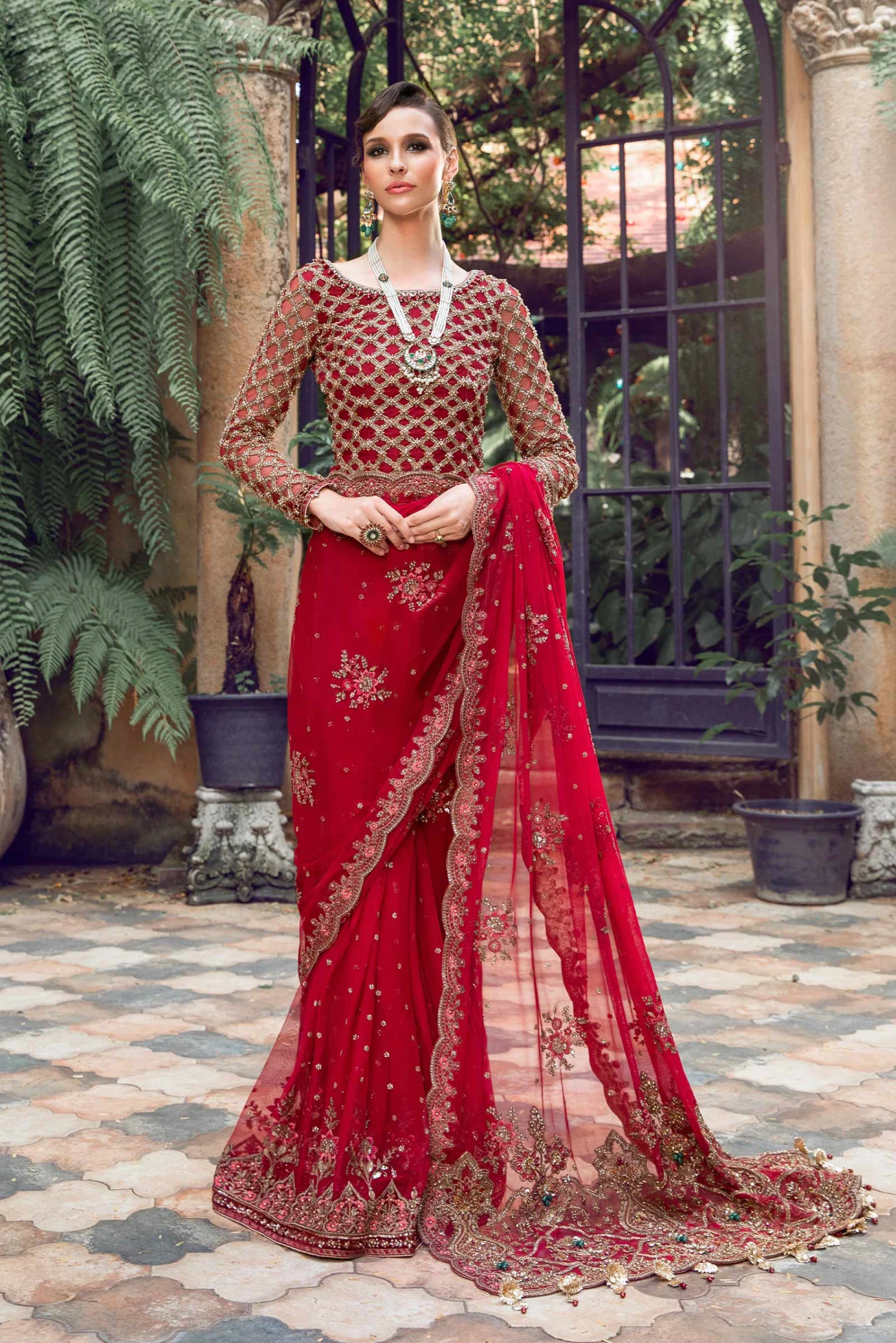Red Pakistani Wedding Dress In Net Bridal Saree Style 6 Red Pakistani Wedding Dress In Net Bridal Saree Style - Image 4