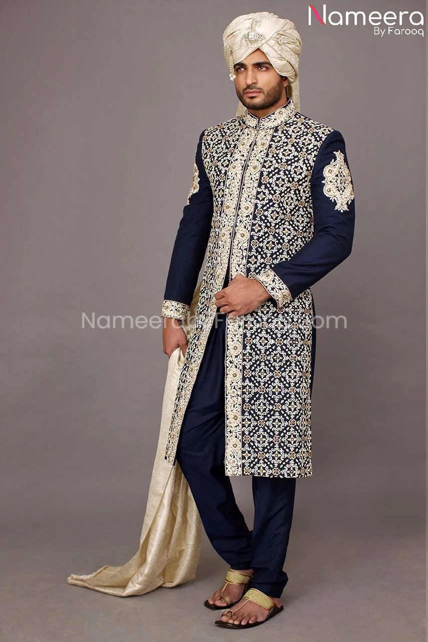 Elegant Sherwani For Men In Navy Blue Color 2021 #GR54 3 Elegant Sherwani For Men In Navy Blue Color 2021 #GR54