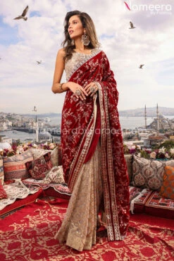 Embellished Bridal Red Saree Dress Pakistani #BS672