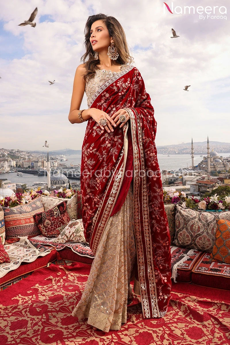 Embellished Bridal Red Saree Dress Pakistani #BS672 3 Embellished Bridal Red Saree Dress Pakistani #BS672