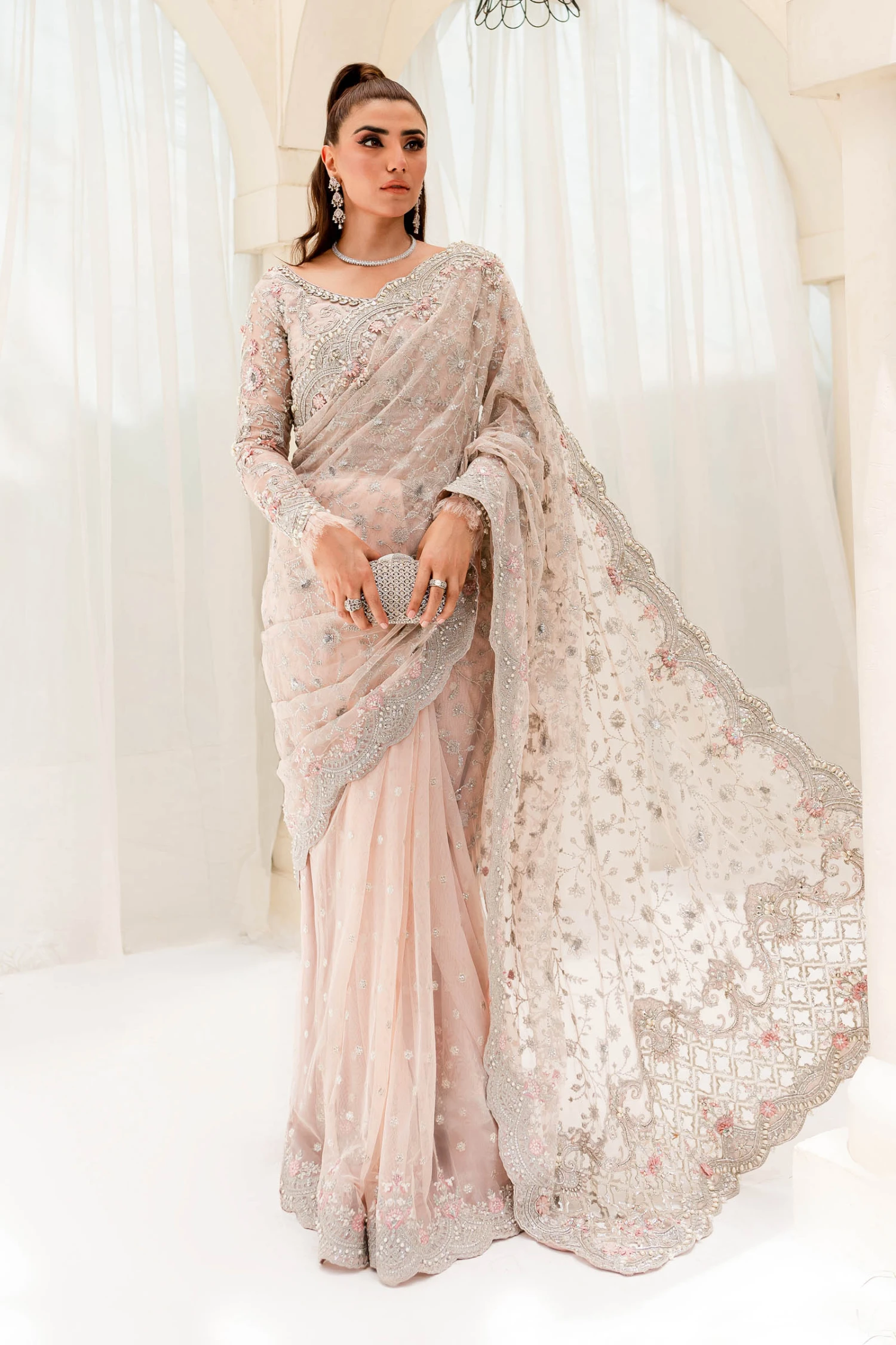 Embellished Bridal Saree Dress In Pink For Wedding 3 Embellished Bridal Saree Dress In Pink For Wedding