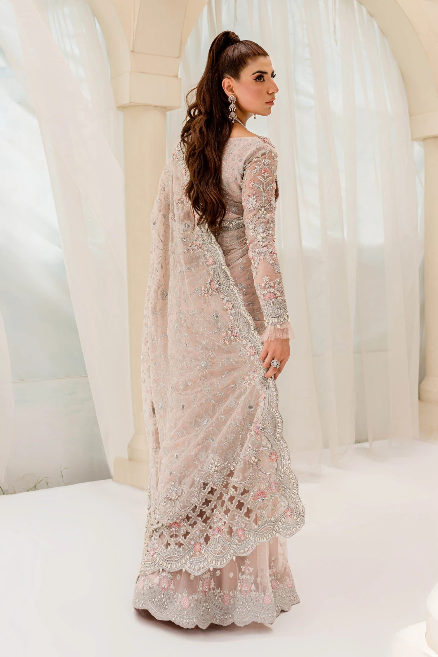 Embellished Bridal Saree Dress In Pink For Wedding 8 Embellished Bridal Saree Dress In Pink For Wedding - Image 6
