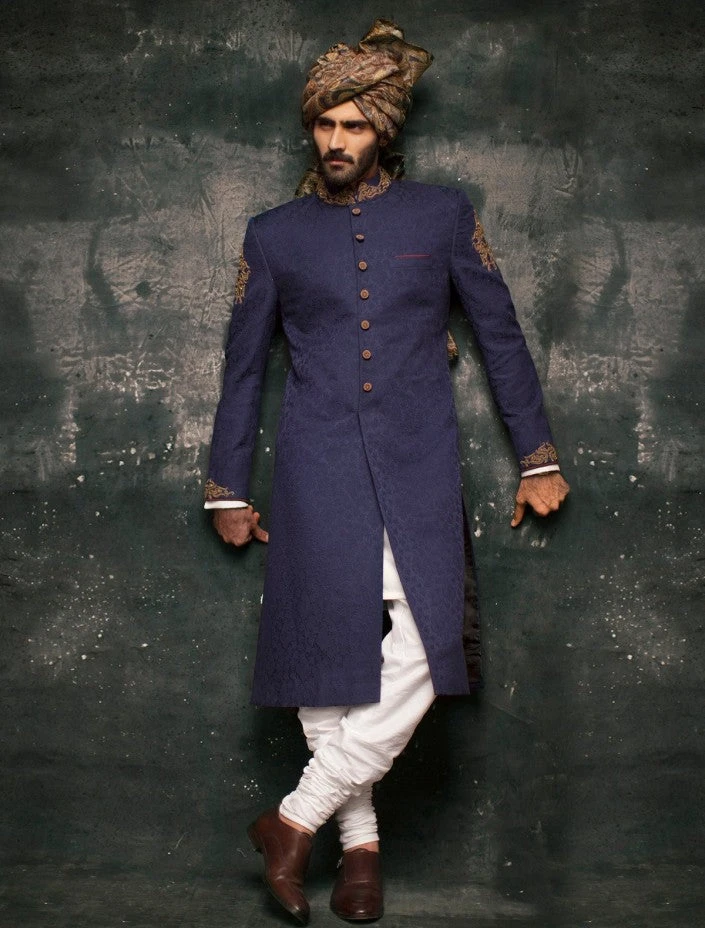 Embroidered Jamawar Blue Sherwani Wedding Dress #GN112 3 Embroidered Jamawar Blue Sherwani Wedding Dress #GN112