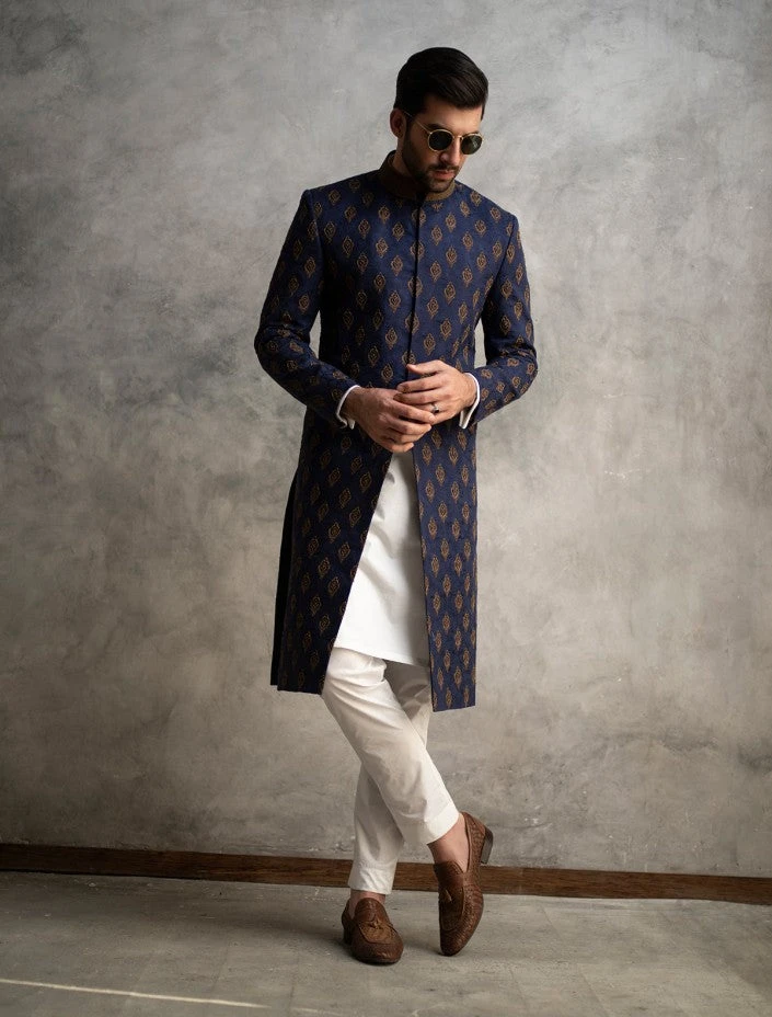 Embroidered Jamawar Blue Sherwani For Wedding #GN111 4 Embroidered Jamawar Blue Sherwani For Wedding #GN111 - Image 2