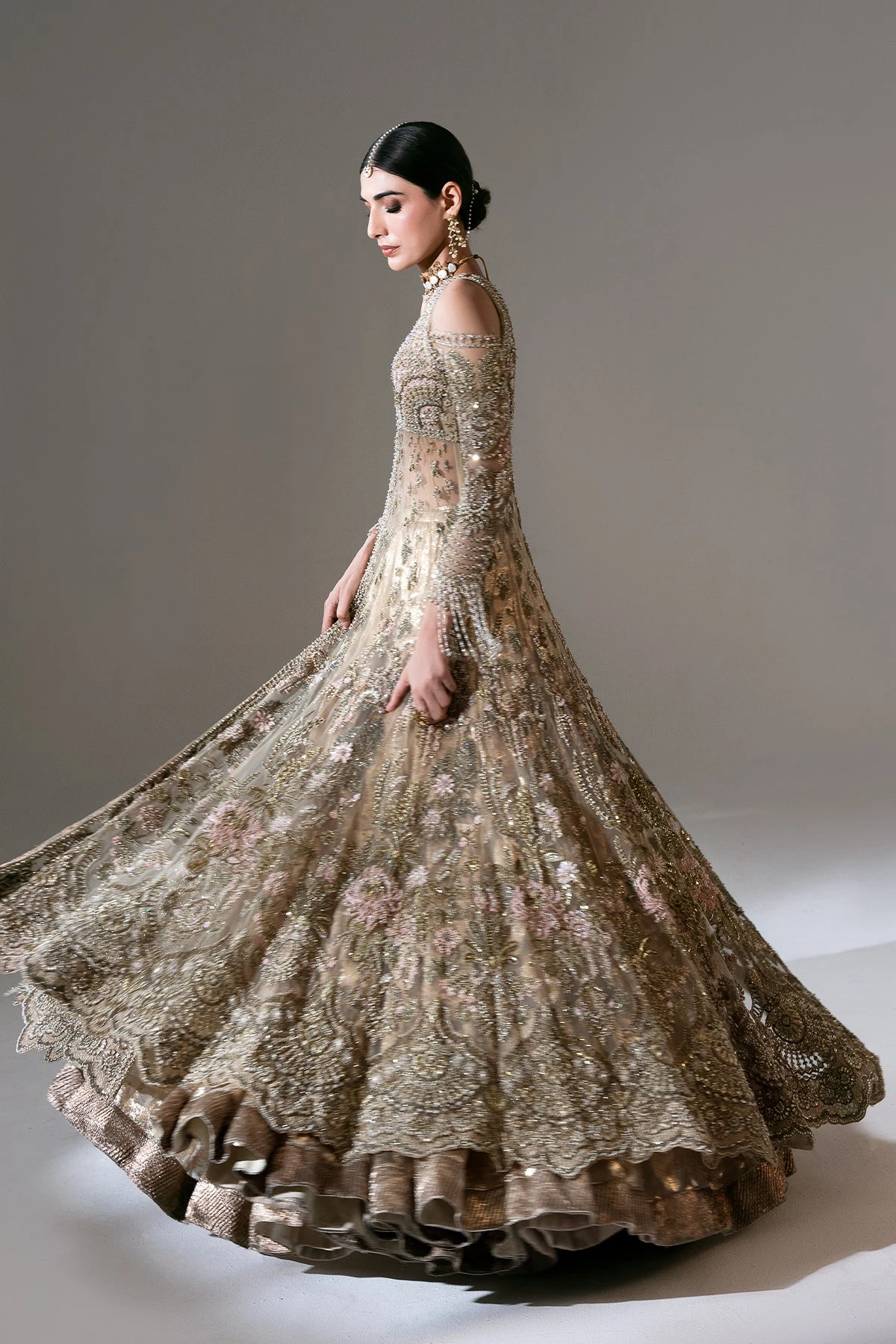 Gold Pakistani Bridal Dress In Gown And Lehenga Style 4 Gold Pakistani Bridal Dress In Gown And Lehenga Style - Image 2