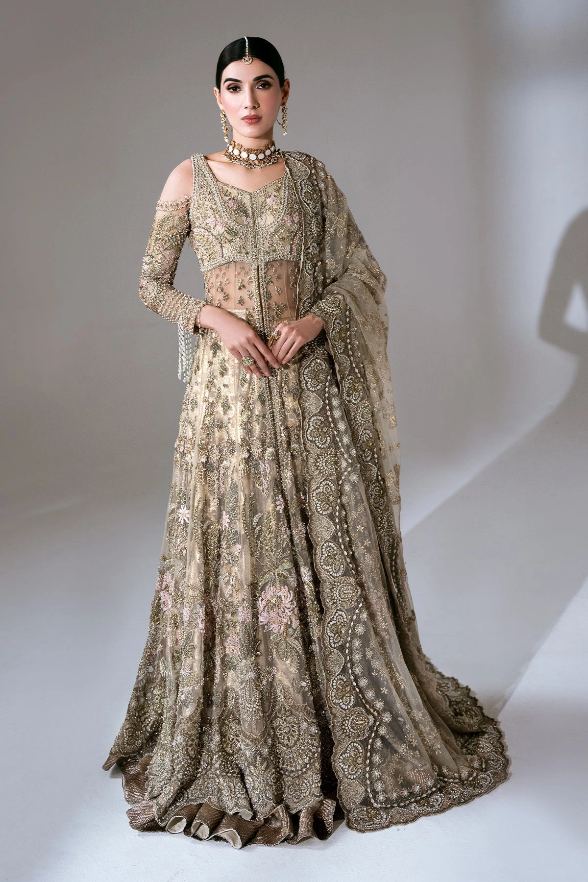 Gold Pakistani Bridal Dress In Gown And Lehenga Style 3 Gold Pakistani Bridal Dress In Gown And Lehenga Style