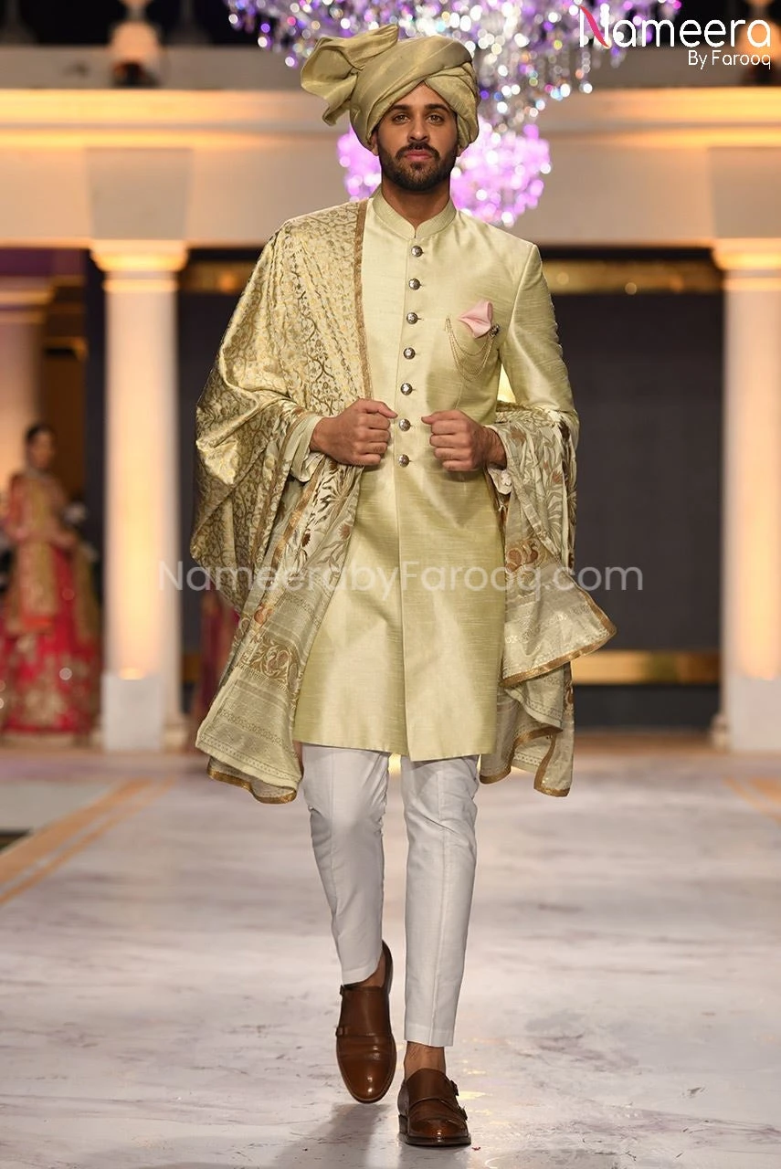 Golden Dulha Sherwani With Raw Silk Shawl #GR45 3 Golden Dulha Sherwani With Raw Silk Shawl #GR45