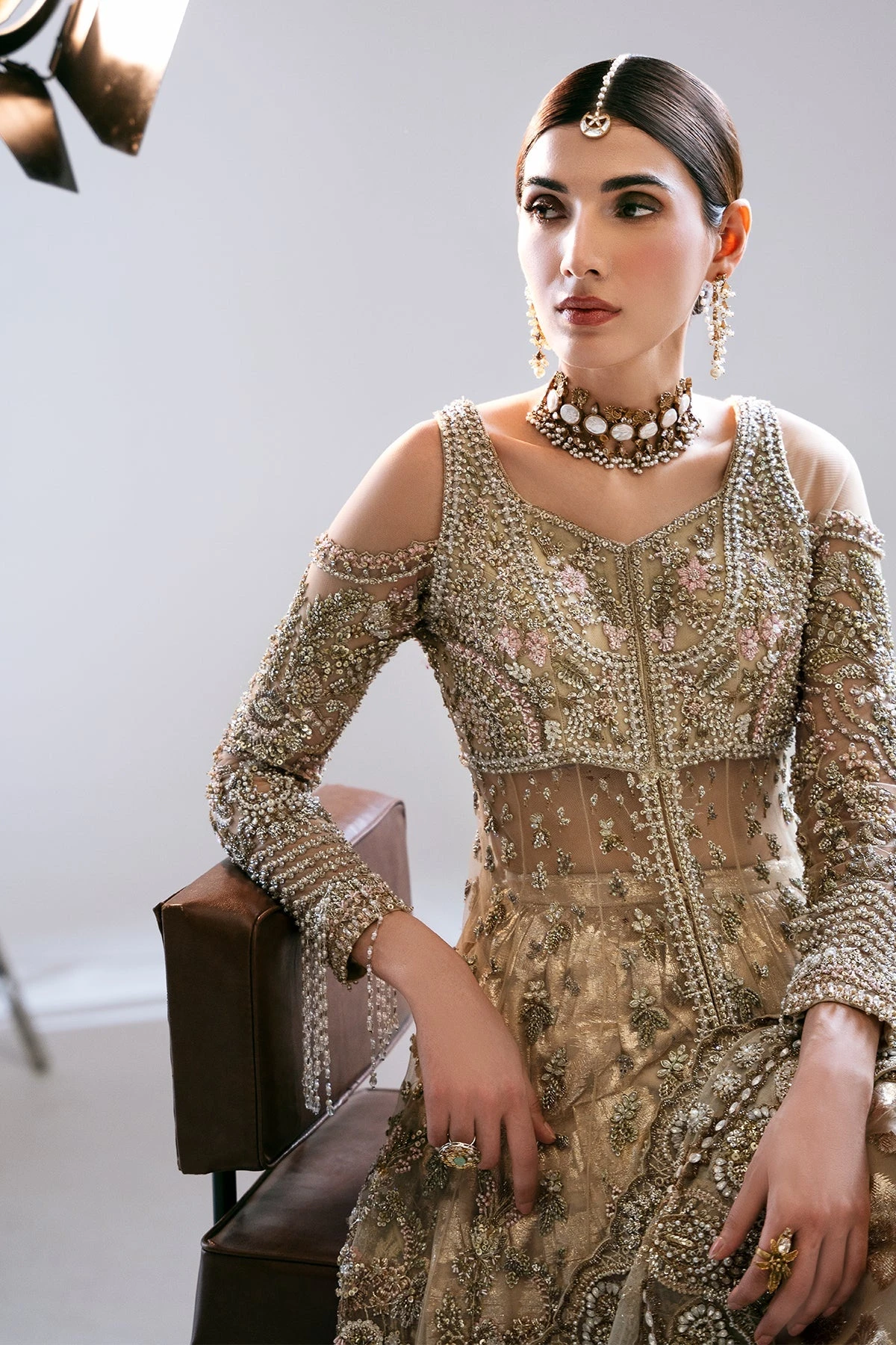 Gold Pakistani Bridal Dress In Gown And Lehenga Style 10 Gold Pakistani Bridal Dress In Gown And Lehenga Style - Image 8