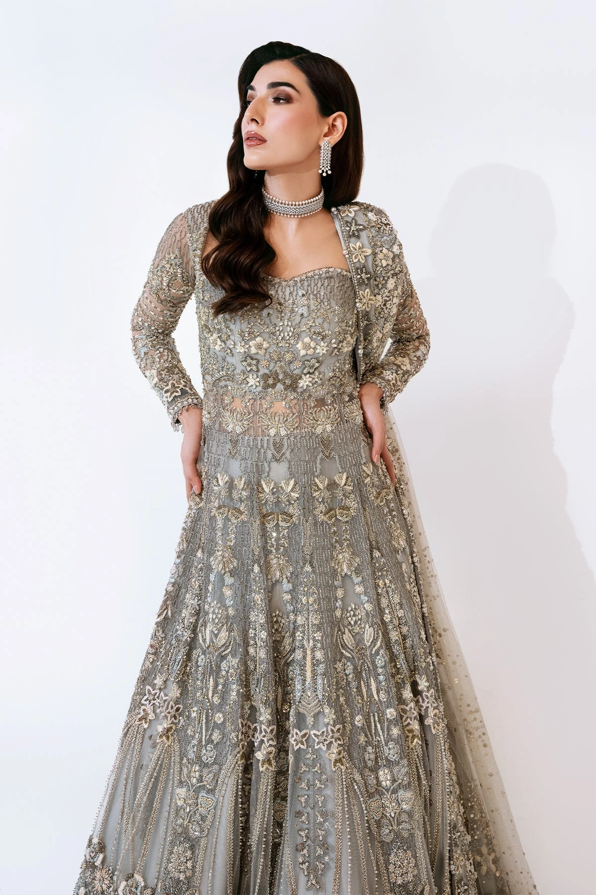 Grey Pakistani Bridal Dress In Gown And Lehenga Style 4 Grey Pakistani Bridal Dress In Gown And Lehenga Style - Image 2