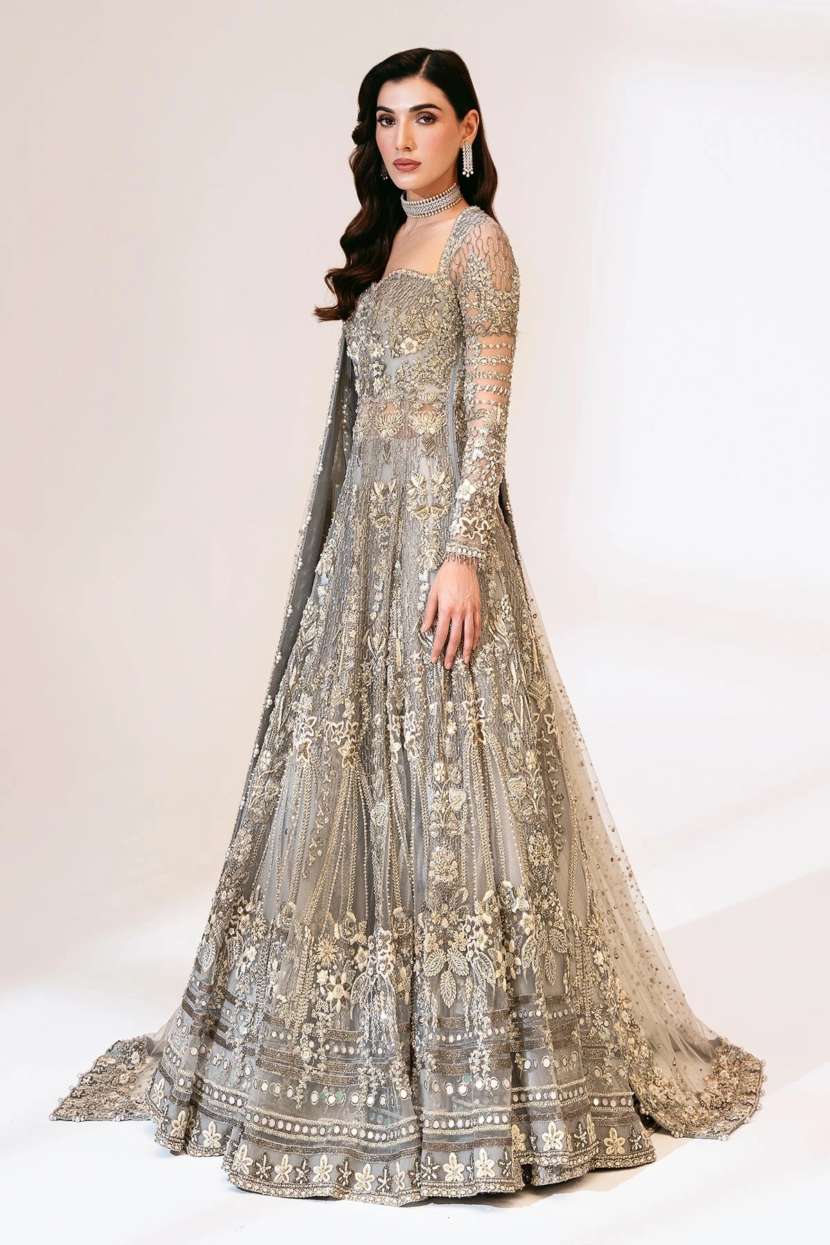 Grey Pakistani Bridal Dress In Gown And Lehenga Style 7 Grey Pakistani Bridal Dress In Gown And Lehenga Style - Image 5