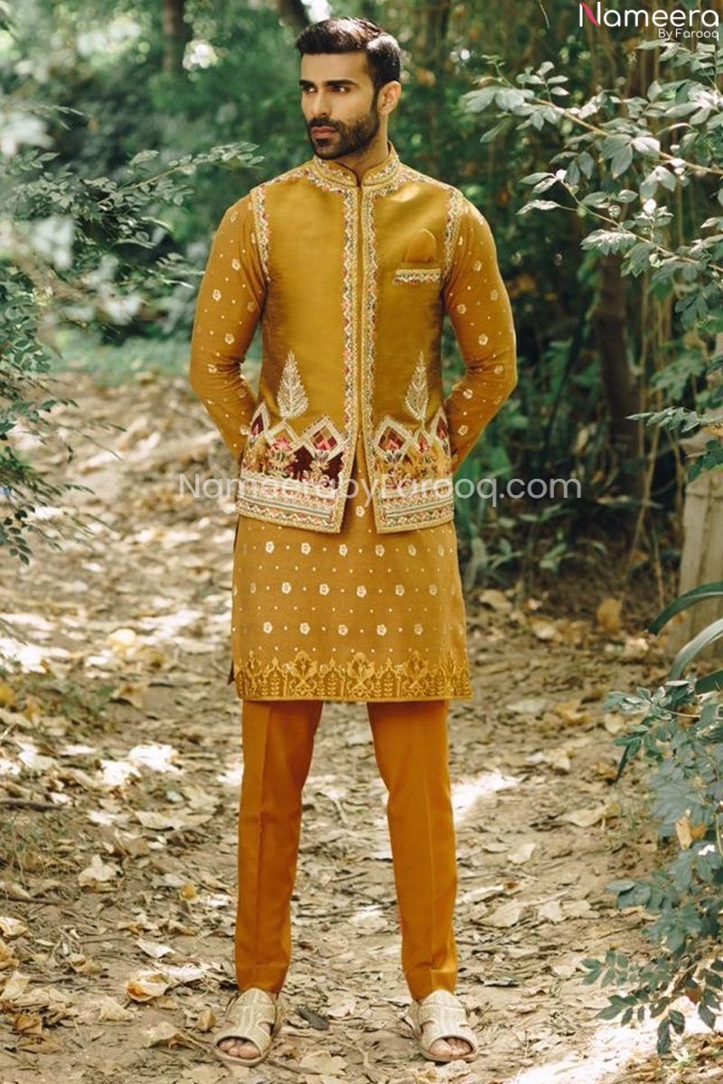 Mustard Waistcoat Kurta Designs For Men Sherwani #GN49 3 Mustard Waistcoat Kurta Designs For Men Sherwani #GN49