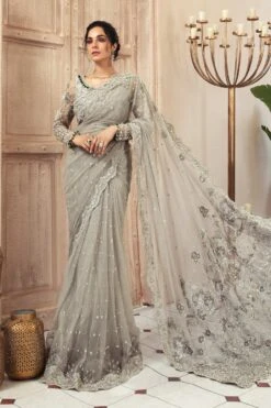 Latest Bridal Grey Saree Pakistani Wedding Dress #BS744