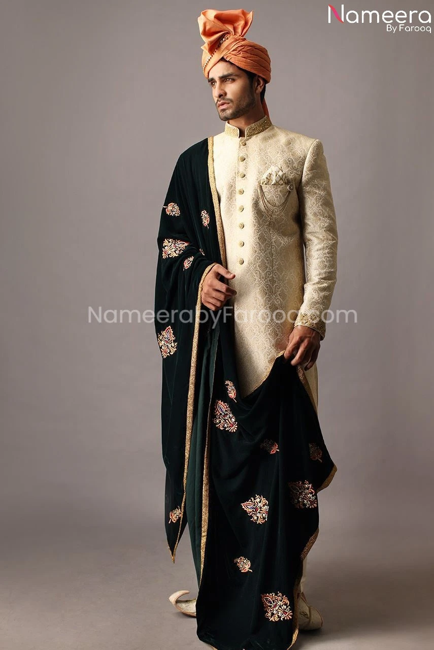 Latest Designer Sherwani For Groom With Shawl #GR34 3 Latest Designer Sherwani For Groom With Shawl #GR34