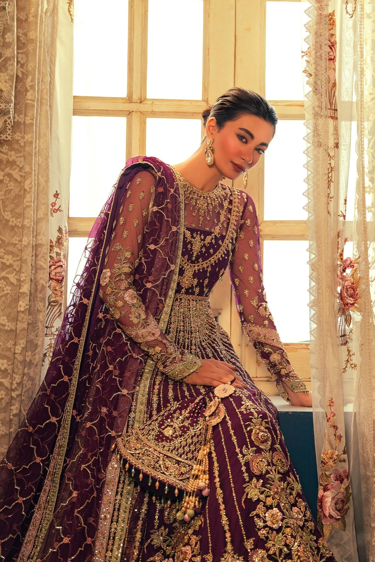 Flared Long Pishwas And Lehenga Pakistani Bridal Dress 5 Flared Long Pishwas And Lehenga Pakistani Bridal Dress - Image 3