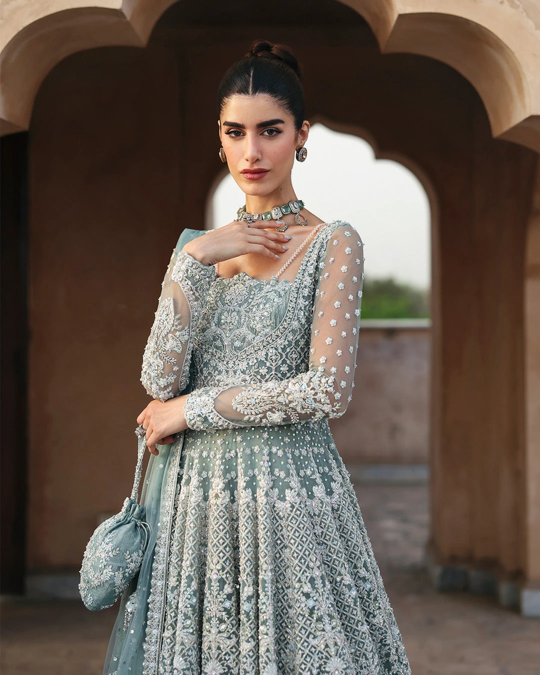 Mint Blue Pishwas Lehenga Style Pakistani Bridal Dress 4 Mint Blue Pishwas Lehenga Style Pakistani Bridal Dress - Image 2