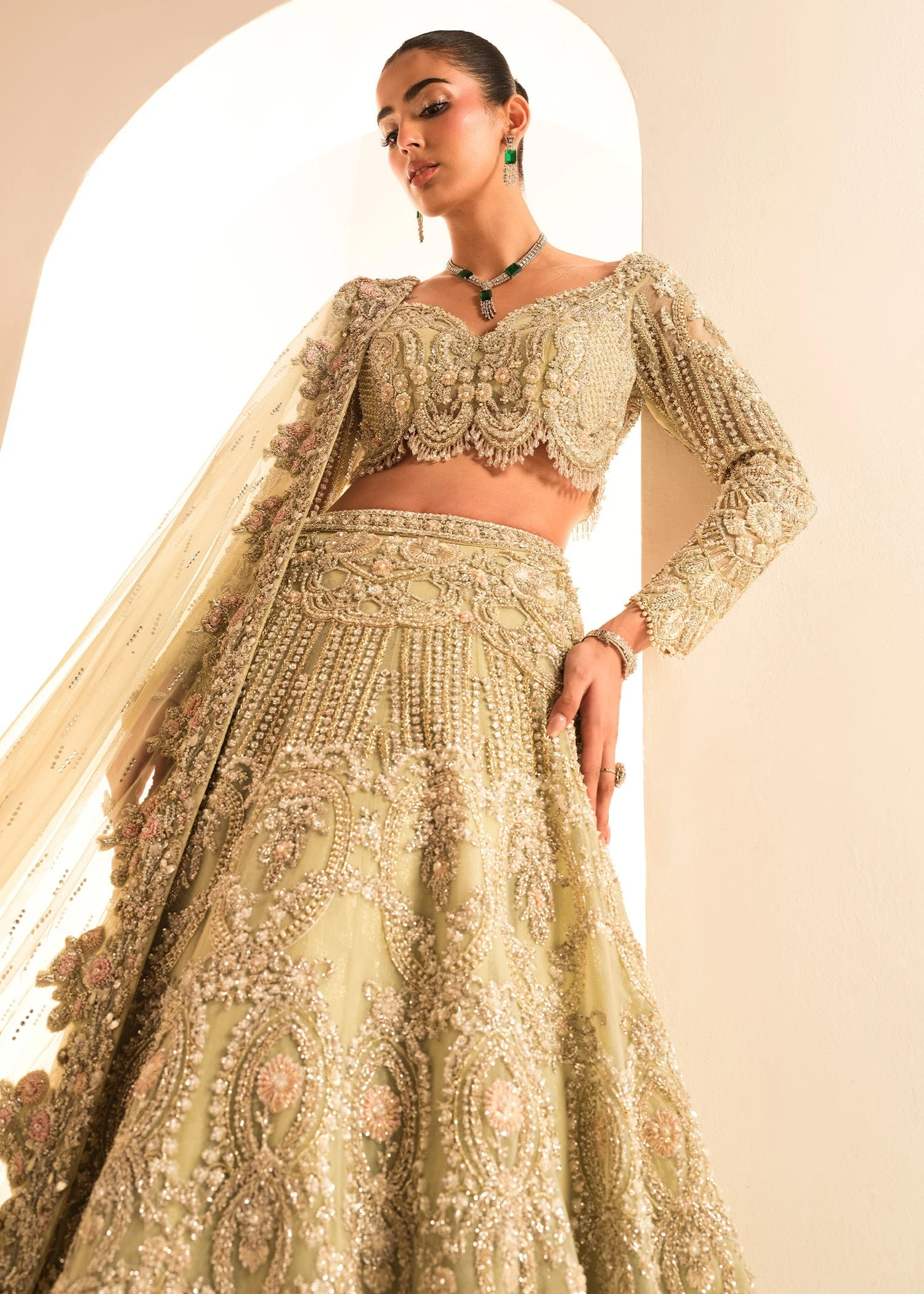 Mint Green Choli Lehenga Dupatta Pakistani Bridal Dress 5 Mint Green Choli Lehenga Dupatta Pakistani Bridal Dress - Image 3