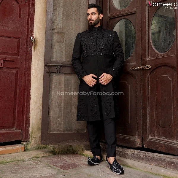 Latest Pakistani Black Sherwani For Groom Online #GR28 3 Latest Pakistani Black Sherwani For Groom Online #GR28