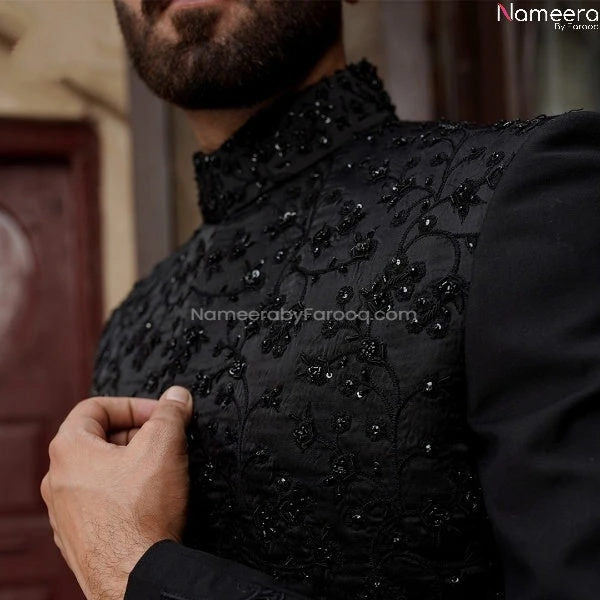Latest Pakistani Black Sherwani For Groom Online #GR28 4 Latest Pakistani Black Sherwani For Groom Online #GR28 - Image 2