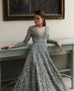 Pakistani Bridal Dress In Blue Grey Gown Dupatta Style -LuxPak Bridal Studio Store LatestPakistaniBridalDressinBlueGreyGownDupattaStyle