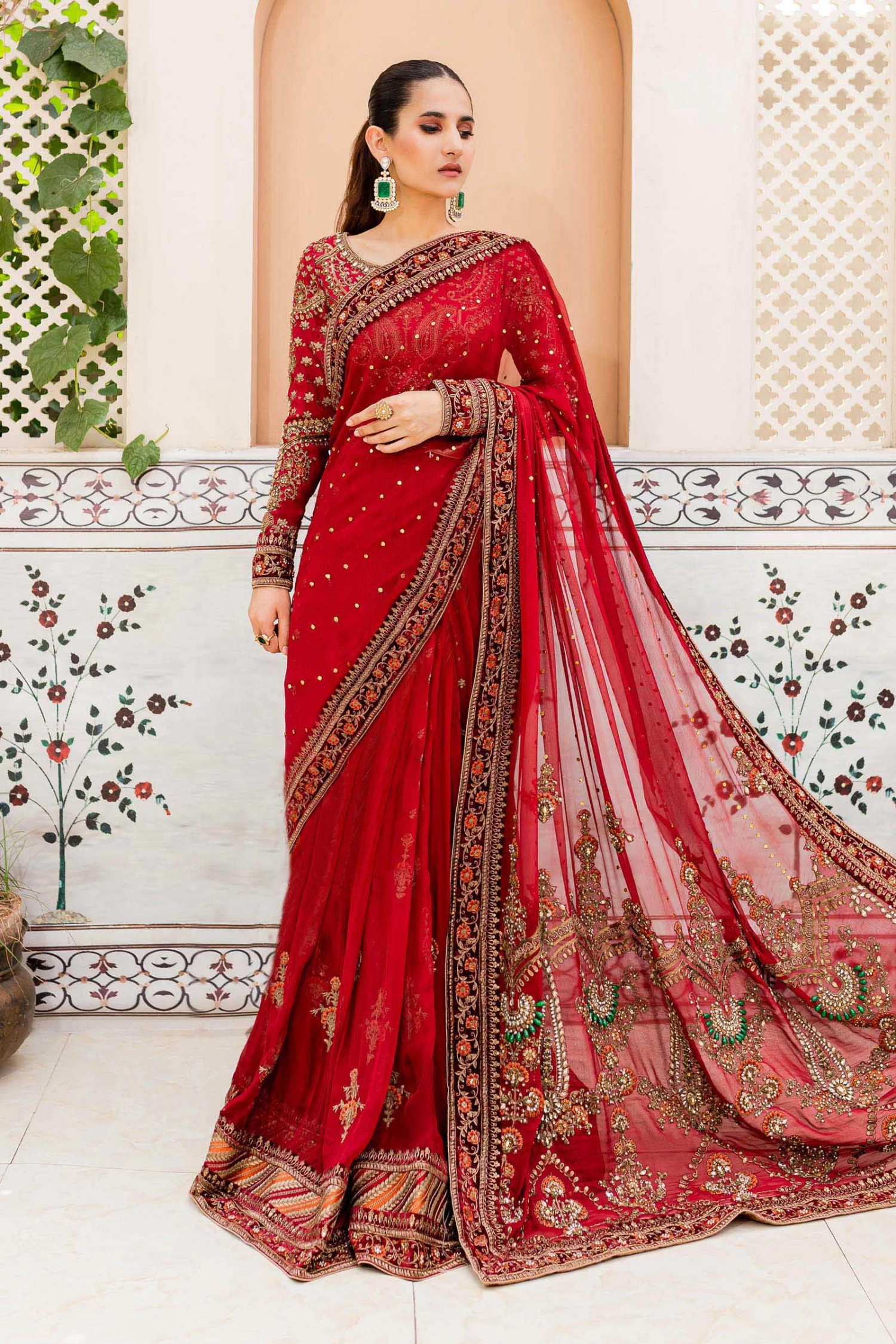 Royal Pakistani Bridal Dress In Deep Red Saree Style 4 Royal Pakistani Bridal Dress In Deep Red Saree Style - Image 2