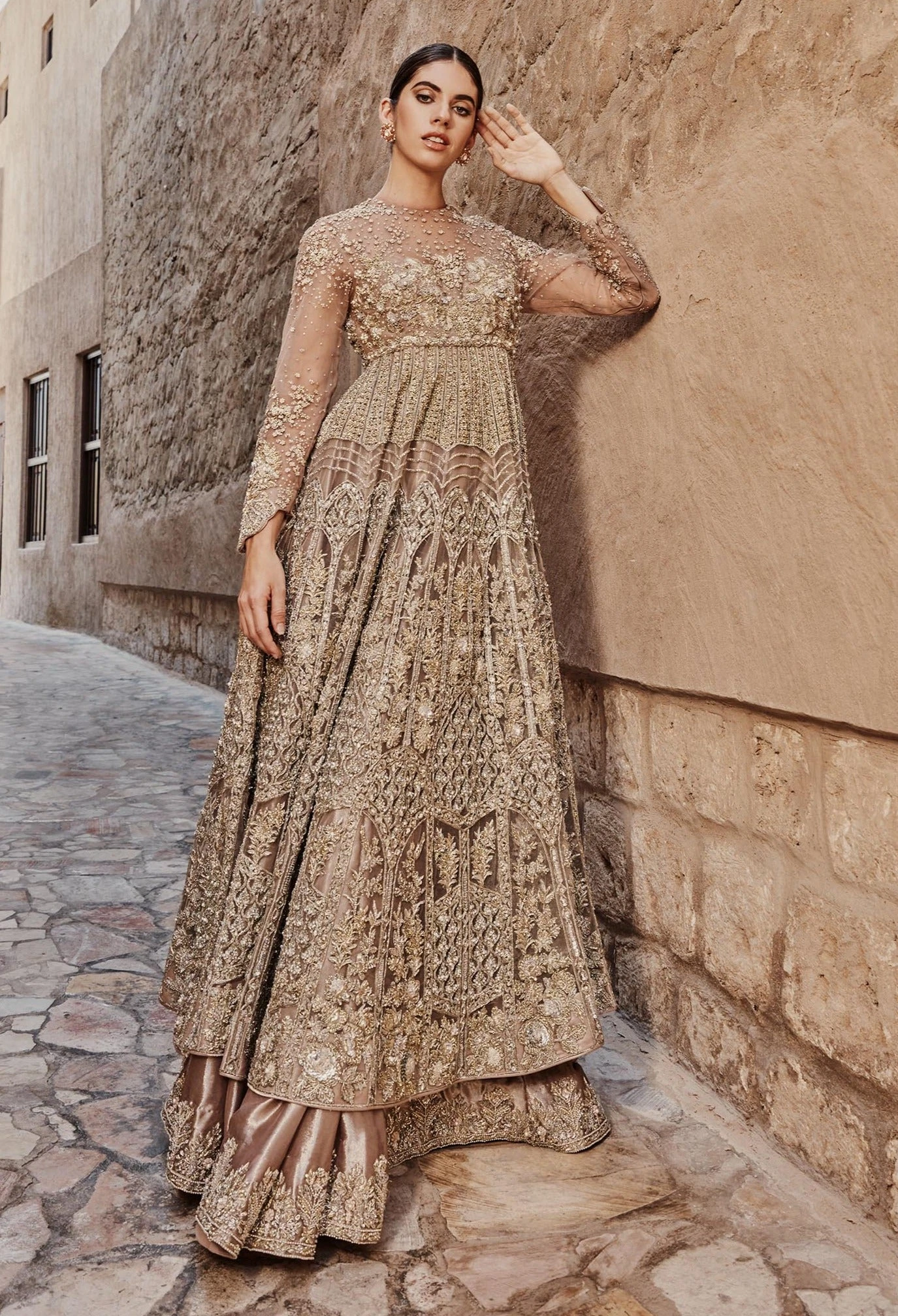 Pakistani Bridal Dress In Golden Lehenga Gown Style 4 Pakistani Bridal Dress In Golden Lehenga Gown Style - Image 2