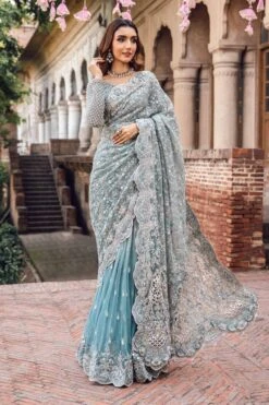 Pakistani Bridal Dress In Ice Blue Wedding Saree Style 9 Pakistani Bridal Dress In Ice Blue Wedding Saree Style -LuxPak Bridal Studio Store LatestPakistaniBridalDressinIceBlueWeddingSareeStyle